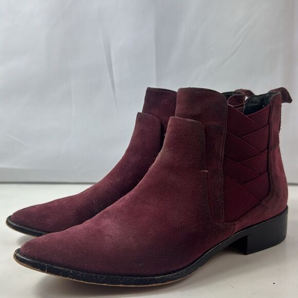 Rebecca Minkoff Jacy Suede Leather Burgundy Pointed Toe Women’s Ankle Boots - Picture 7 of 16